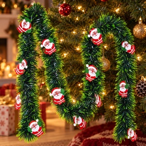 Beteală de Crăciun cu ornamente Moș Crăciun, verde cu vârfuri deschise, 200 × 9 cm, plastic - Img 3