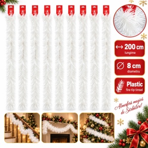 Beteală de Crăciun pentru brad, albă, plastic, 200 cm, diametru 8 cm