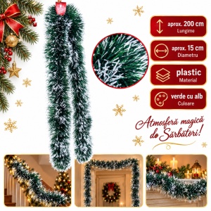 Beteală de Crăciun verde cu vârfuri albe, plastic, lungime 200 cm, diametru 15 cm - Img 5