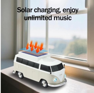 Boxă portabilă Bluetooth WSTER în formă de microbuz retro, cu încărcare solară, gri - Img 3