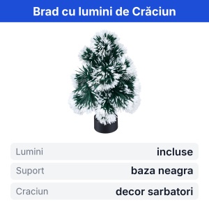 Brad decorativ de Crăciun artificial, cu lumini, verde cu alb, suport negru, 30x10cm - Img 2