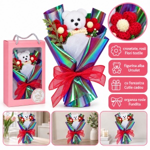 Buchet decorativ cu flori din textil si ursulet, rosu, in cutie cadou