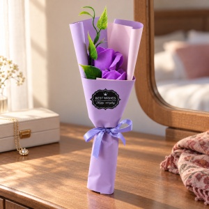 Buchet decorativ cu trandafiri mov, set cadou mov, 25 cm - Img 3