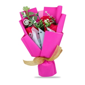 Buchet decorativ cu trandafiri roșii, buchet roz cu fundă aurie, în cutie cadou, 25cm - Img 2