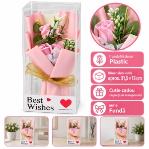 Buchet decorativ cu trandafiri roz, fundă aurie, în cutie cadou, 25cm