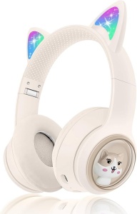 Casti wireless Bluetooth cu urechi de pisica LED, pliabile, pentru copii si adulti, crem