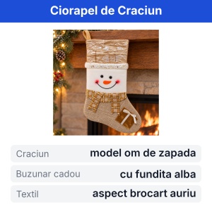 Ciorapel de Craciun decorativ, model Om de Zapada, textil auriu-crem cu buzunar, 35x18cm - Img 2