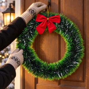 Coroniță de Crăciun cu fundă roșie catifelată, verde, decoratiune pentru ușă, 30cm - Img 3