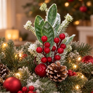 Crenguță decorativă cu con de pin, fructe roșii și efect de zăpadă, 30cm - Img 7