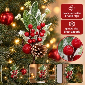 Crenguță decorativă cu con de pin, fructe roșii și efect de zăpadă, 30cm - Img 9