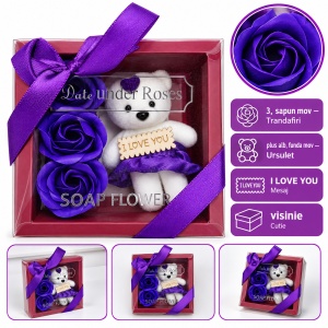 Decoratiune cadou cu 3 trandafiri din săpun și ursuleț I LOVE YOU, mov, cu fundita, 20cm