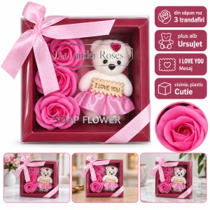 Decoratiune cadou cu 3 trandafiri din săpun și ursuleț I LOVE YOU, roz, cu fundita, 20cm