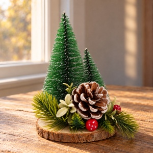 Decoratiune de Craciun brad cu con de pin, baza din lemn natural, 19x11 cm - Img 3