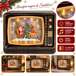 Decorațiune de Crăciun, model televizor retro cu lumini LED și muzică, 19,5 cm - Img 5