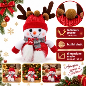 Decorațiune de Crăciun om de zăpadă cu cornițe de ren, textil și plastic, 29x20 cm