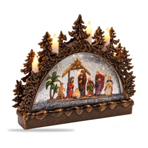 Decorațiune luminoasă de Crăciun cu scena Nașterii Domnului, cu muzică și sclipici, 17x13 cm - Img 2