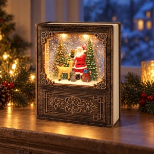 Decorațiune luminoasă și muzicală de Crăciun, model carte cu Moș Crăciun, maro, 20×16 cm - Img 3