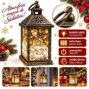 Felinar decorativ de Crăciun cu LED, model Moș Crăciun, 25x11 cm