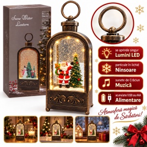 Felinar decorativ de Crăciun, cu lumini LED si muzica, cu figurina Moș Crăciun și brad, 20x8,5 cm - Img 2