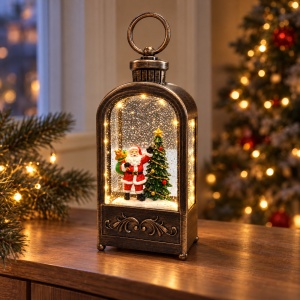 Felinar decorativ de Crăciun, cu lumini LED si muzica, cu figurina Moș Crăciun și brad, 20x8,5 cm - Img 4