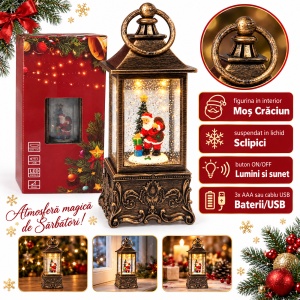 Felinar decorativ de Crăciun cu Moș Crăciun și sclipici, cu lumini și muzica , 23 cm