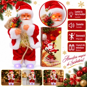 Figurină Moș Crăciun cu lumini, sunete și dans, roșu-auriu, plastic/textil, aprox. 30 x 12 cm