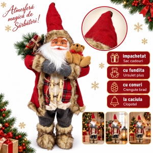 Figurină Moș Crăciun decorativă cu ursuleț de pluș și sac de cadouri, textil, 65 cm