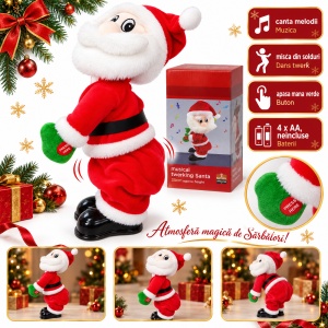 Figurină Moș Crăciun muzicală cu dans twerk, buton activare, 35 x 15 cm