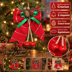Funda decorativa de Craciun cu clopotei si conuri de brad, rosu si verde, 17x11cm - Img 4