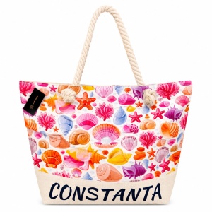 Geantă Mare de Plajă cu Scoici Colorate – Tote Spațioasă cu Mânere din Sfoară