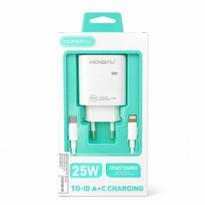 Încărcător rapid Hongyu 25W PD cu cablu USB-C la USB-C, model HY-JC03, alb
