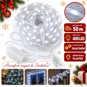 Instalație LED Tip liniar din sarma siliconata, 400 LED alb rece, 50 m
