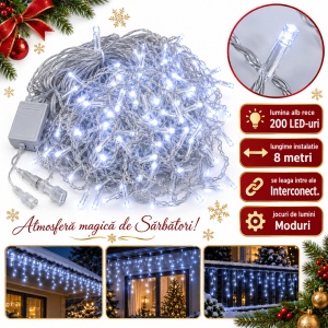 Instalatie LED tip turturi, 200 LED-uri, 8 m, lumina alb rece, interconectabila - Img 5