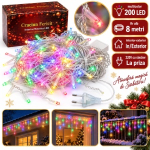 Instalație LED Tip țurțuri, 8 m, 200 LED-uri, multicolor, fir alb, interior/exterior, interconectabila