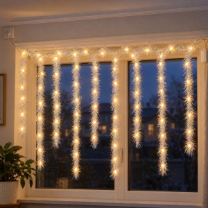 Instalație perdea cu beteală albă irizantă, 3 m, fir 1 m, 200 LED alb cald, interconectabilă - Img 8