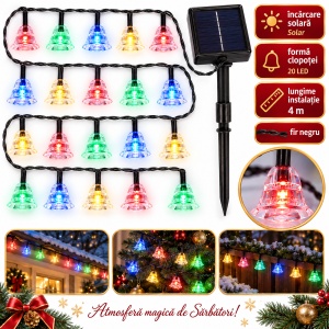 Instalație solară de Crăciun cu LED-uri multicolore tip clopotel, 4m, 20LED