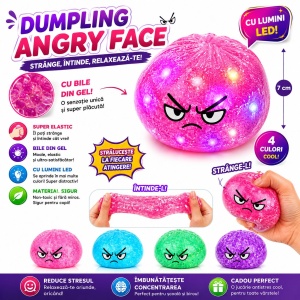 Jucărie Antistres Squishy Angry Dumpling, 8,5 cm, cu Sclipici, Bile din Gel și Lumini, Model Aleatoriu