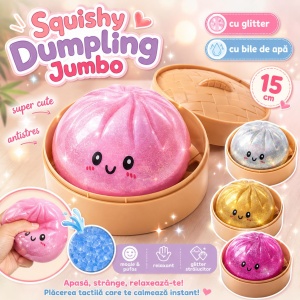 Jucărie Antistres Squishy Dumpling Gigant cu Bile din Gel și Sclipici, 15 cm, Culoare Aleatorie