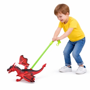 Jucarie de impins dragon rosu cu aripi si roti, model interactiv copii rosu - Img 2