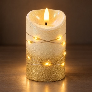 Lumânare decorativă LED cu efect flacără, sclipici auriu, plastic, 15x9 cm - Img 4