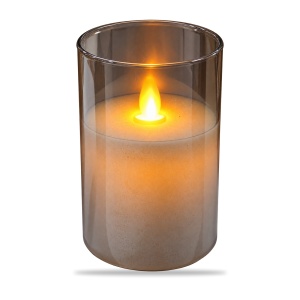 Lumânare LED în pahar din sticlă fumurie, efect flacără realist, baterii AAA, 7,5x12,5 cm - Img 2