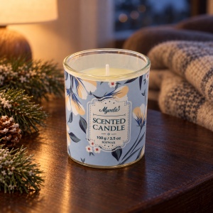 Lumânare parfumată de Crăciun, din soia, aromă florală, în recipient de sticlă albastru, 100g - Img 3