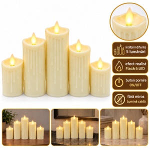 Lumânări LED decorative cu efect flacără realistă, 5 dimensiuni diferite in set, din plastic