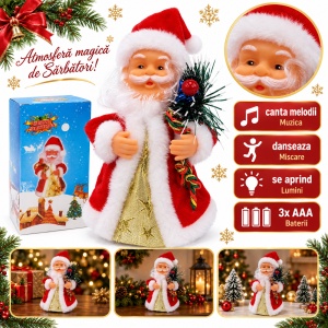 Mos Craciun decorativ muzical, canta si danseaza, cu saculet, 20 cm, rosu-auriu - Img 2