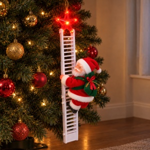 Moș Crăciun pe scară 70 cm (3 piese), figurină 20 cm, plastic și textil, muzică și lumini - Img 4