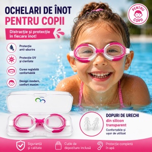 Ochelari de inot copii roz-alb, reglabili, cu dopuri urechi silicon transparent - Img 2