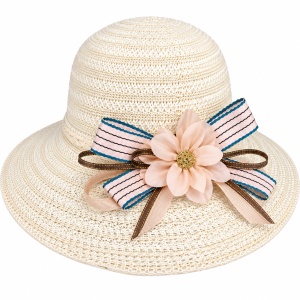 Pălărie de Plajă Crem cu Floare Decorativă și Boruri Largi - Img 2