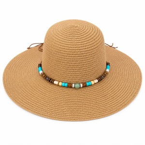 Palarie de Soare Bej Eleganta cu Accesorii Colorate pentru Plaja si Vacante
