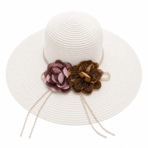 Palarie de Soare pentru Dama Alba cu Boruri Largi si Flori Decorative
