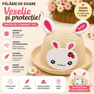 Palarie de Vara Crem cu Iepuras Roz pentru Copii, Protectie UV si Design Adorabil - Img 2